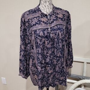 Lucky Brand Women's SZ M peasant top‎ boho navy floral flowy button front